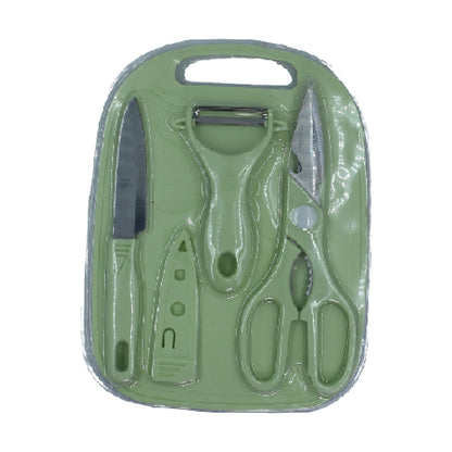 Wukusy 5508 plastic chopping board with knife, scissors, and wine stainless steel utensils for kitchen and vegetable cutting.