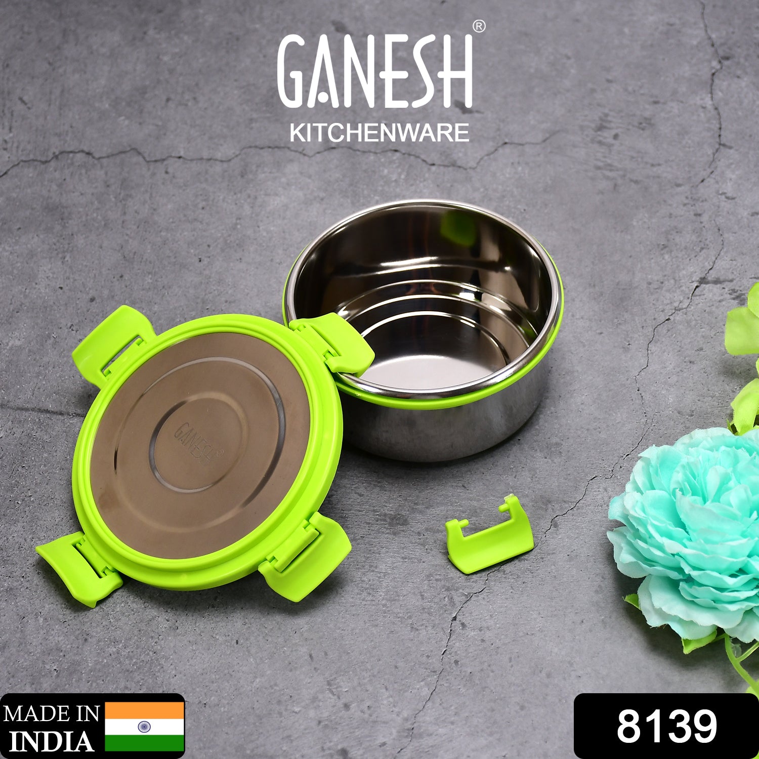 Wukusy Ganesh Solo Round 400 stainless steel leak-proof airtight lunch pack for office and school use, with Ganesh design on the lid.