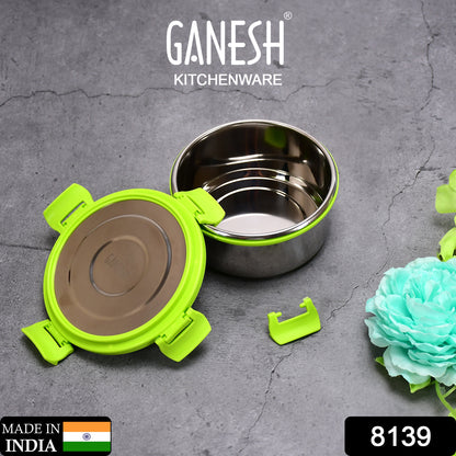 Wukusy Ganesh Solo Round 400 stainless steel leak-proof airtight lunch pack for office and school use, with Ganesh design on the lid.