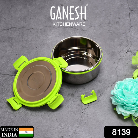 Wukusy Ganesh Solo Round 400 stainless steel leak-proof airtight lunch pack for office and school use, with Ganesh design on the lid.