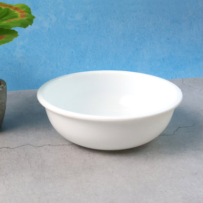 White plastic 6-inch round deep serving bowl for kitchen use, featuring a smooth surface and deep design for serving food.