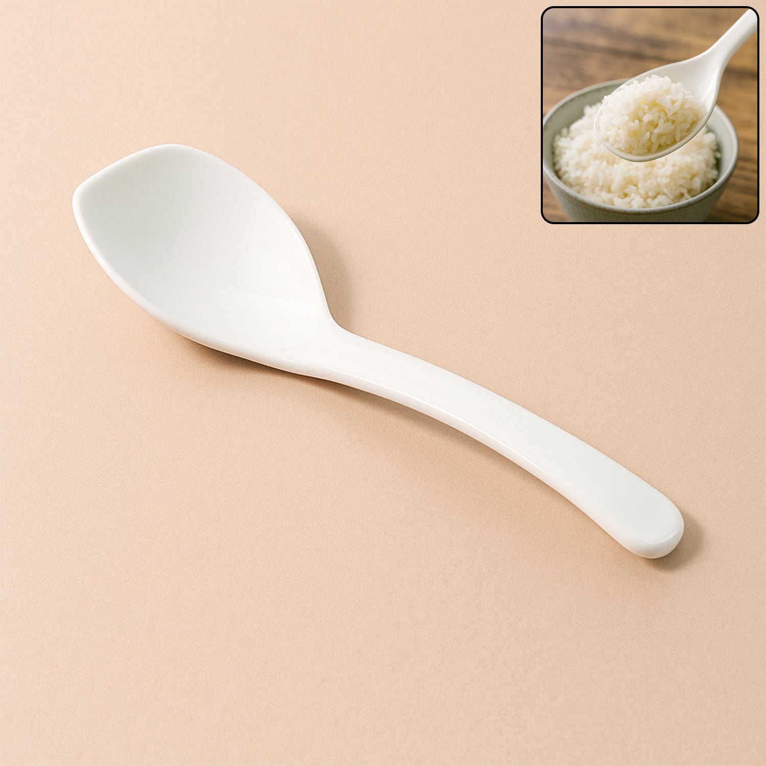 Wukusy premium rice serving spoon in stainless steel with a wooden handle, designed for kitchen and dining use.