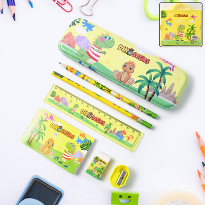 Colorful dinosaur printed kids stationery set by Wukusy featuring notebooks, pens, and stationery accessories with fun dinosaur designs.