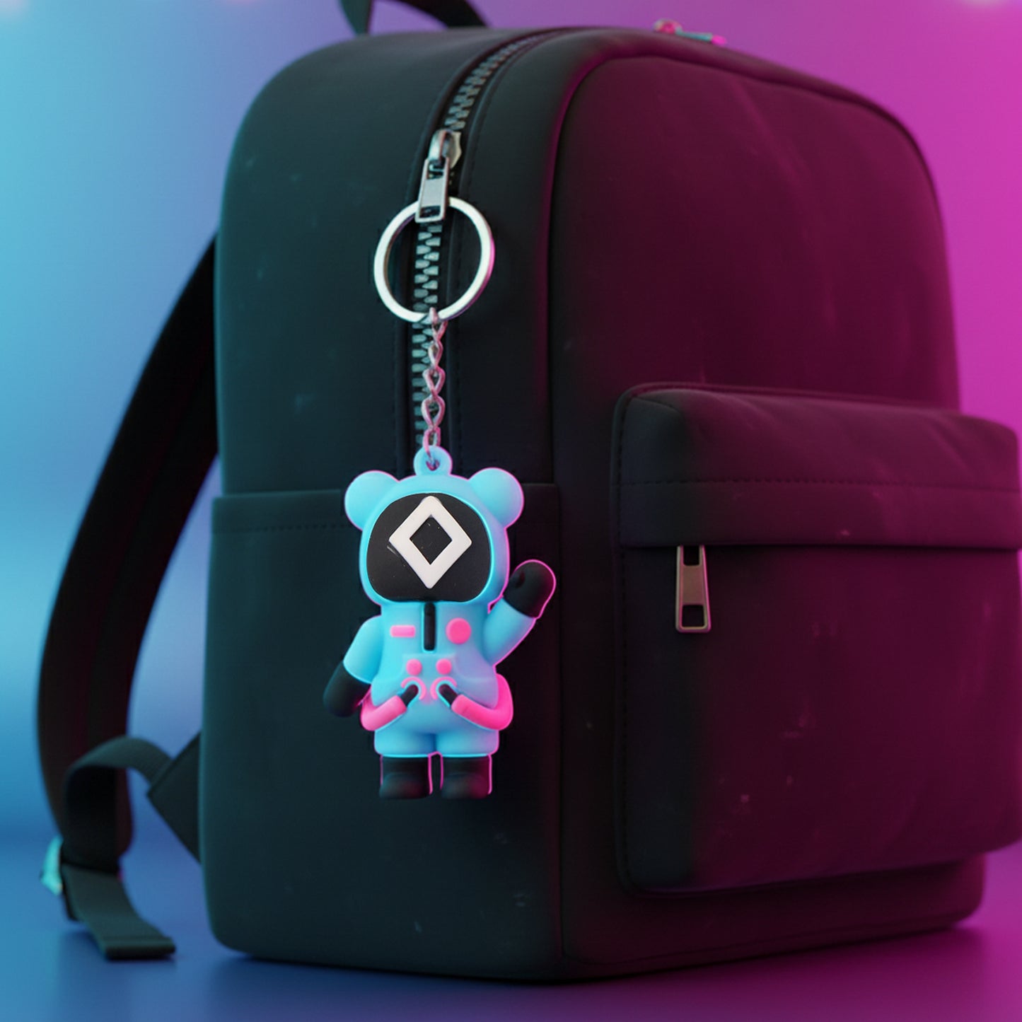 Cute character-themed soft silicone keychain featuring colorful designs, perfect for backpacks and keys, by Wukusy.
