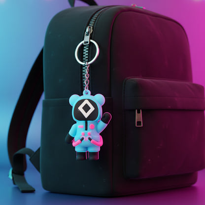 Cute character-themed soft silicone keychain featuring colorful designs, perfect for backpacks and keys, by Wukusy.