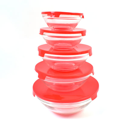Set of five Wukusy modern glass mixing and storage bowls with red lids, featuring clear glass design and secure lids for kitchen use.
