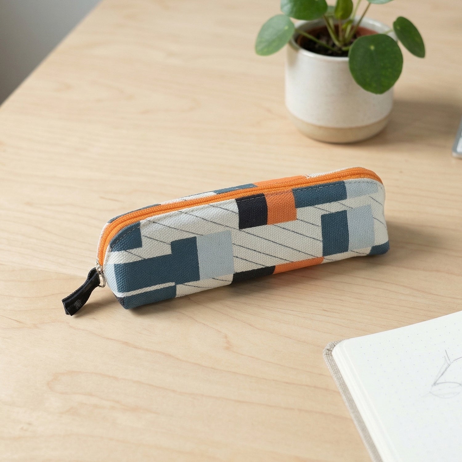 Wukusy designer fabric zipper pencil pouch with a sleek rectangular shape and a gold zipper closure, ideal for stationery storage.