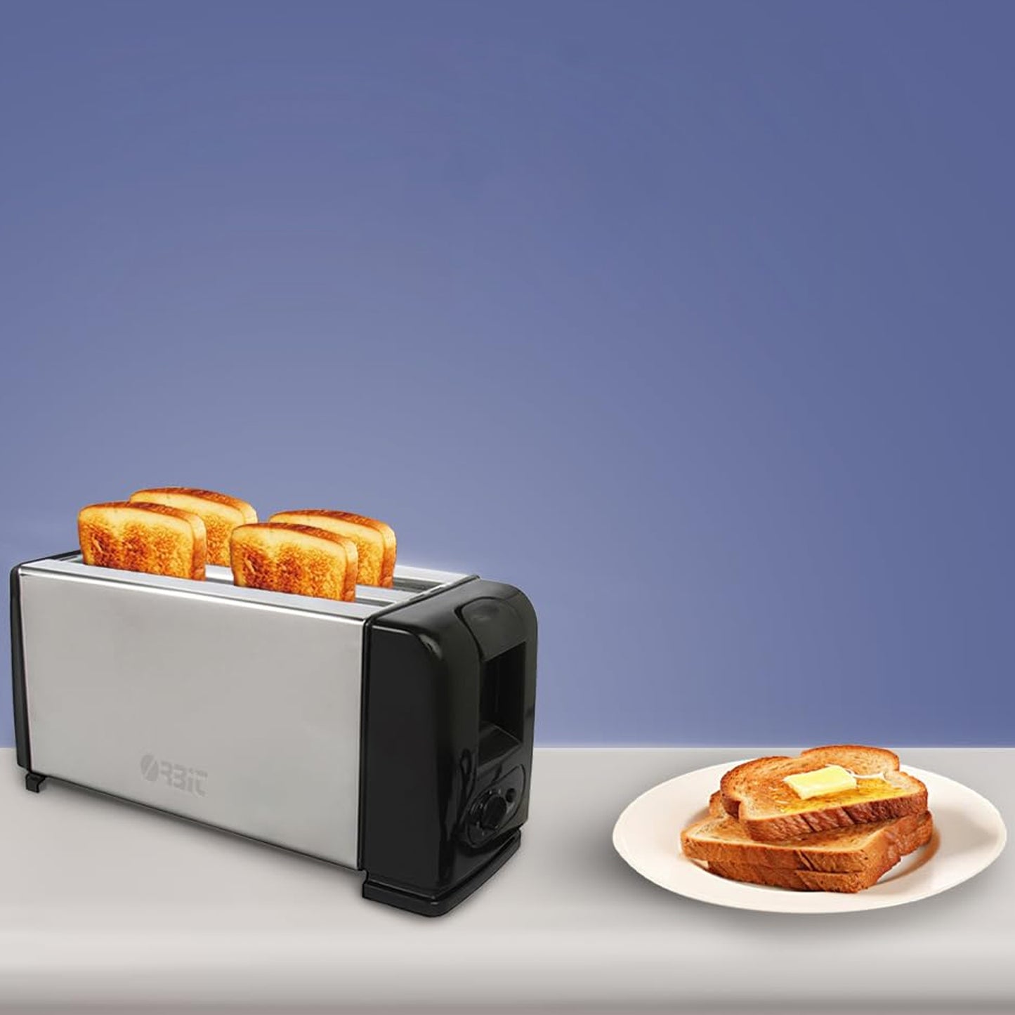 Wukusy Orbit adjustable pop-up toaster with 1200W power, featuring modern design and control dials for perfect toast.