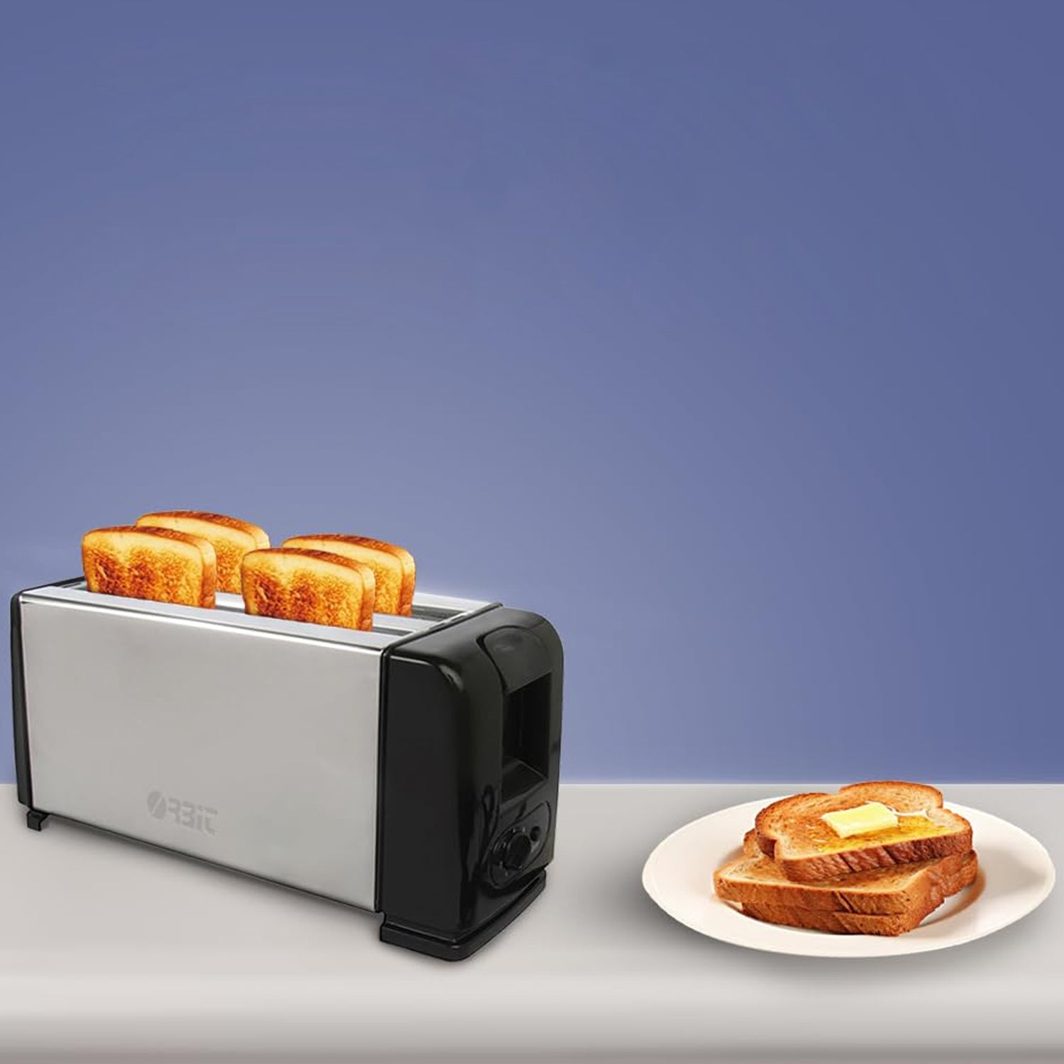 Wukusy Orbit adjustable pop-up toaster with 1200W power, featuring modern design and control dials for perfect toast.