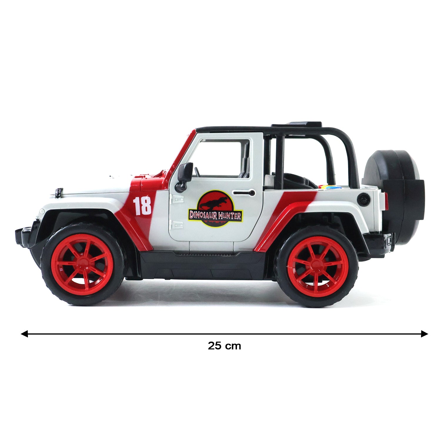 Kids Dinosaur Hunter off-road friction-powered toy jeep by Wukusy, featuring rugged design and colorful dinosaur graphics.
