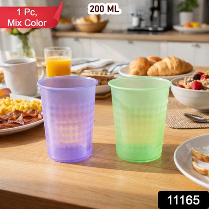 Reusable plastic drinking glass in mix colors, 200 ml capacity, by Wukusy, showing a clear, colorful plastic cup for beverages.