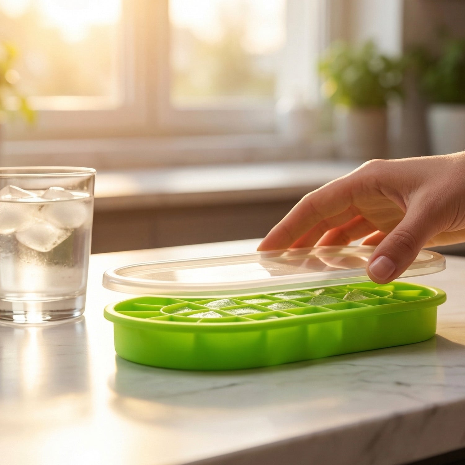Wukusy premium oval silicone ice cube tray with lid, showing flexible silicone mold and lid for easy ice cube removal.
