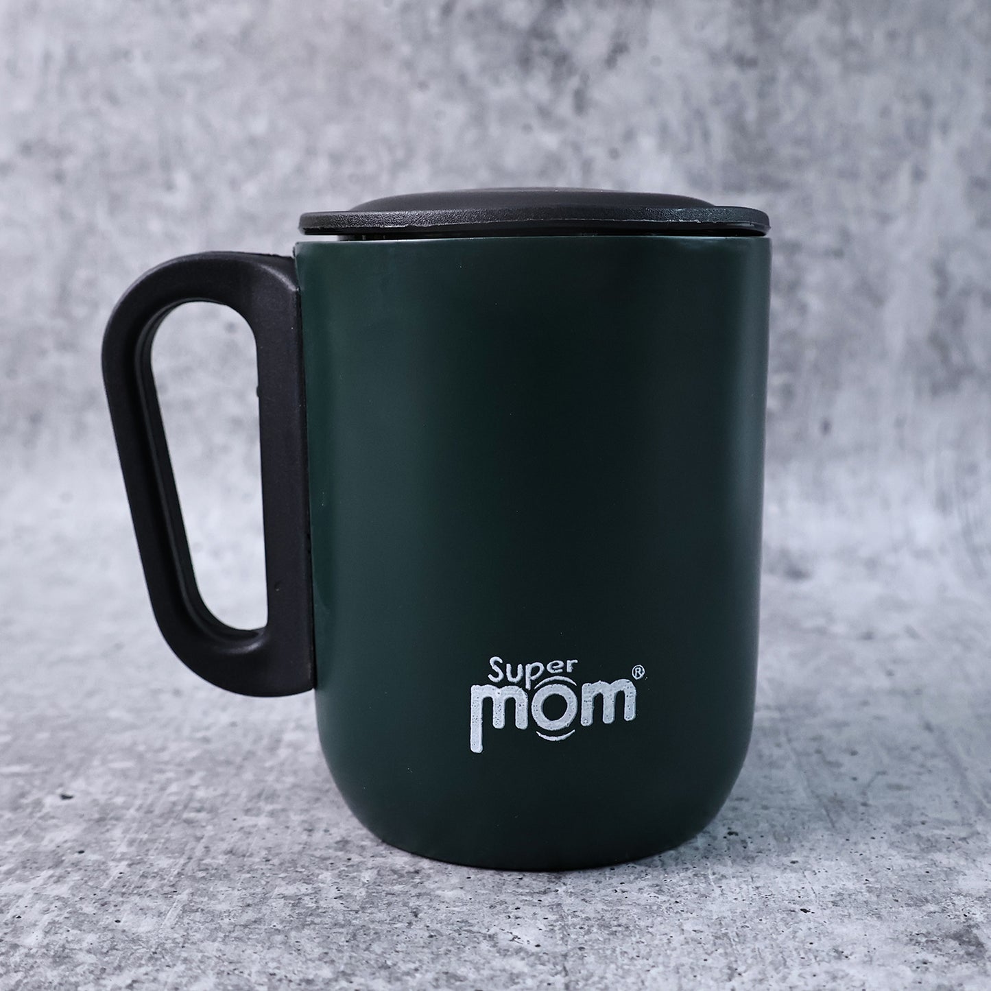 Wukusy Supermom metallic stainless steel insulated mug with lid, 300ml capacity, ideal for home and kitchen use.