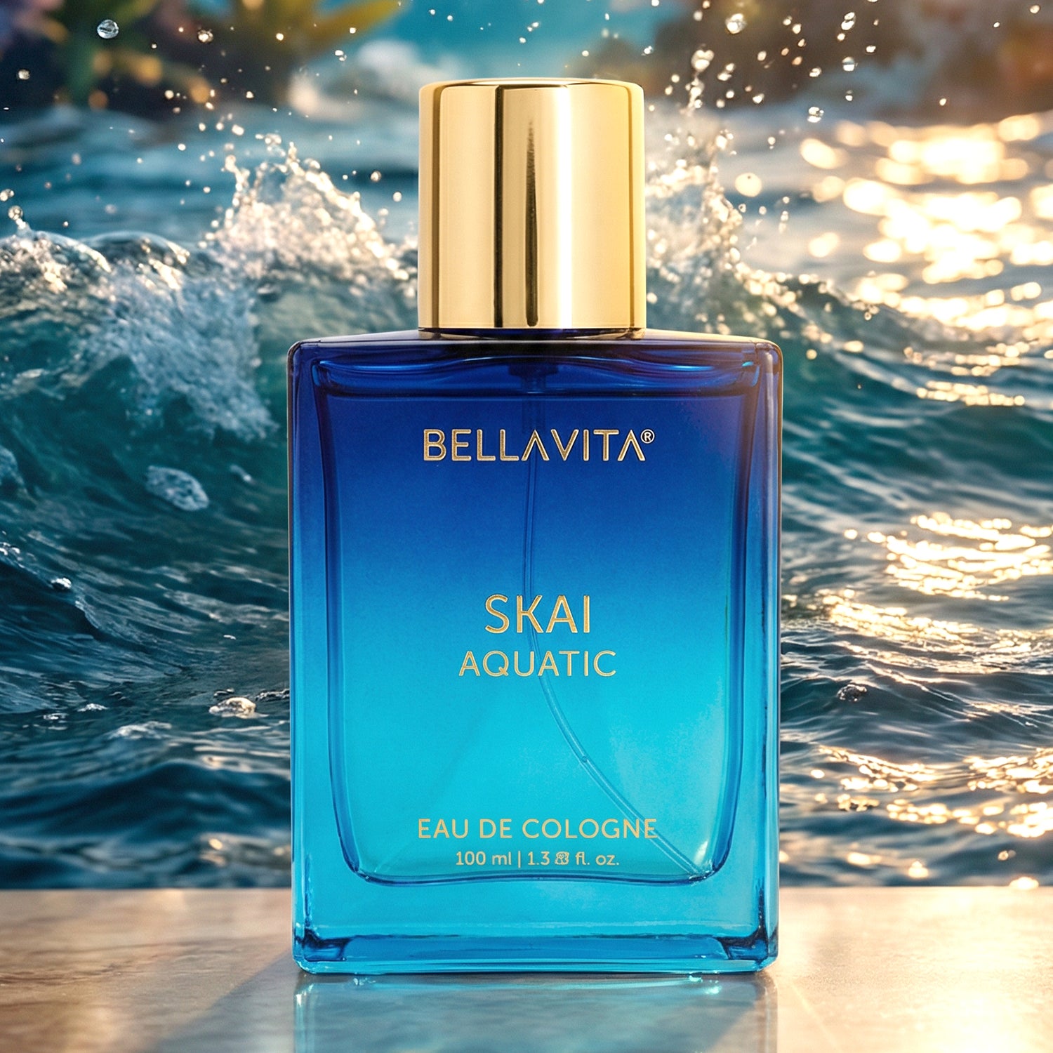 Bellavita Premium Skai Aquatic Eau De Cologne perfume bottle by Wukusy, 100 ml, with sleek design and aquatic fragrance.