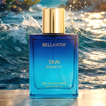 Bellavita Premium Skai Aquatic Eau De Cologne perfume bottle by Wukusy, 100 ml, with sleek design and aquatic fragrance.