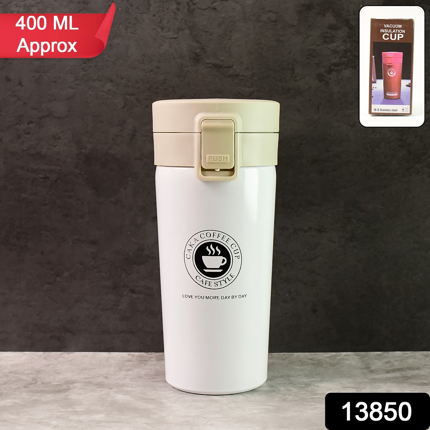 Wukusy stainless steel vacuum insulated coffee flask with flip lock lid, 400ml, showing sleek design and secure lid for hot beverages.