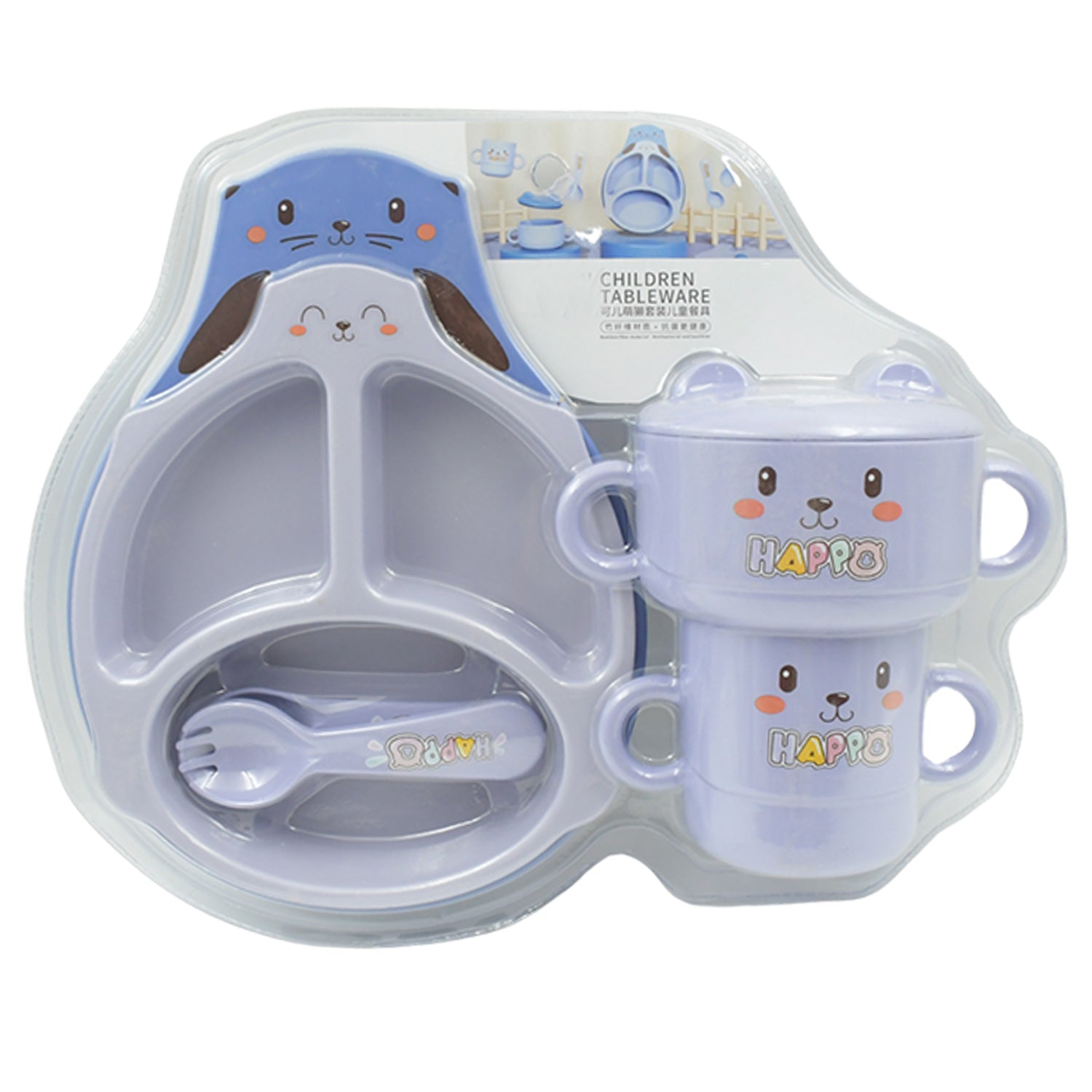 Wukusy baby feeding set with bamboo fiber tableware including plate, cup, spoon, fork, chopsticks, featuring cartoon design for kids.