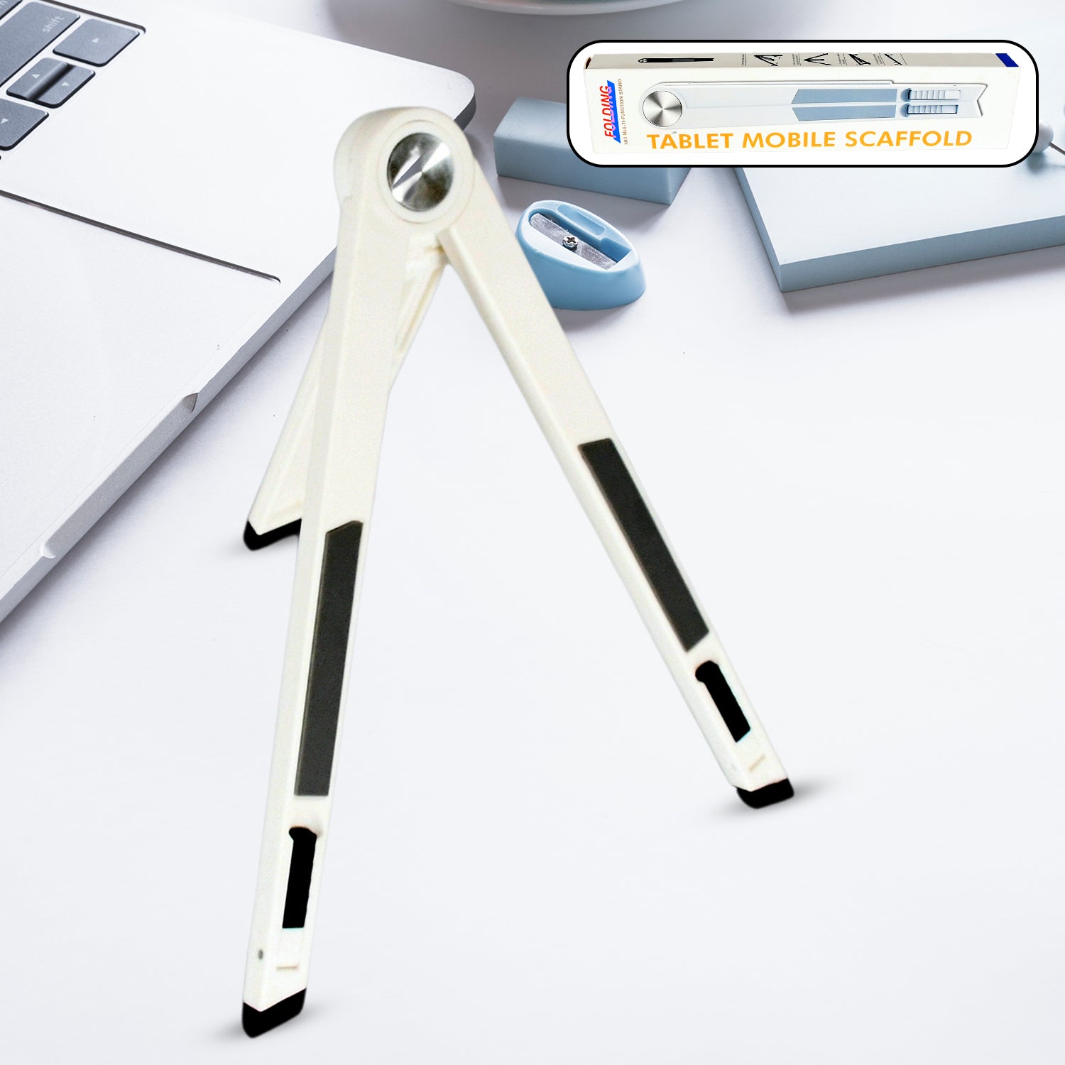 Adjustable Wukusy slim foldable tablet stand for mobile devices, displayed holding a tablet in a landscape position.