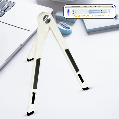 Adjustable Wukusy slim foldable tablet stand for mobile devices, displayed holding a tablet in a landscape position.