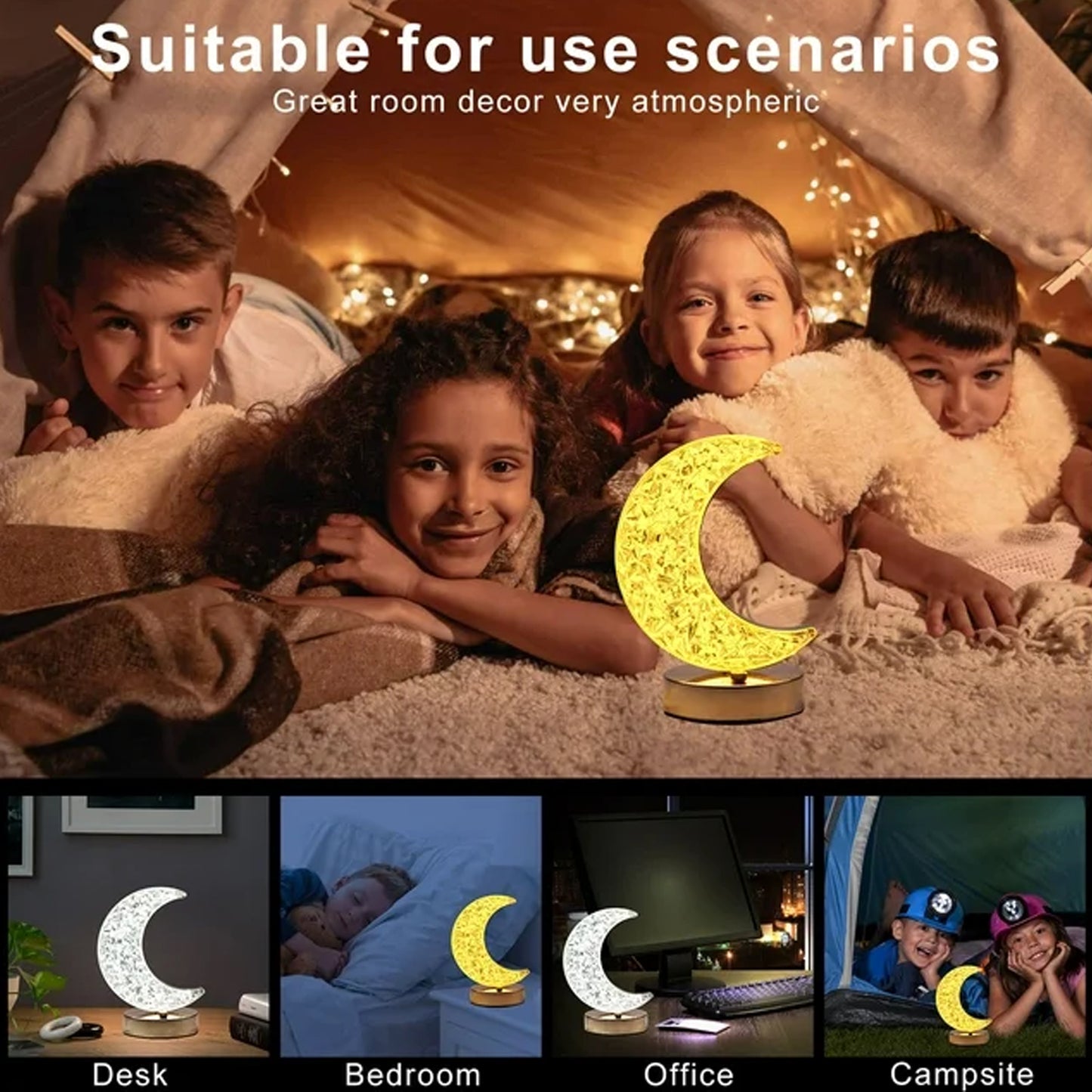 Wukusy 12570 crystal moon-shaped touch control table lamp with 3 colors, stepless dimming, USB charging, ideal for kids' bedrooms.