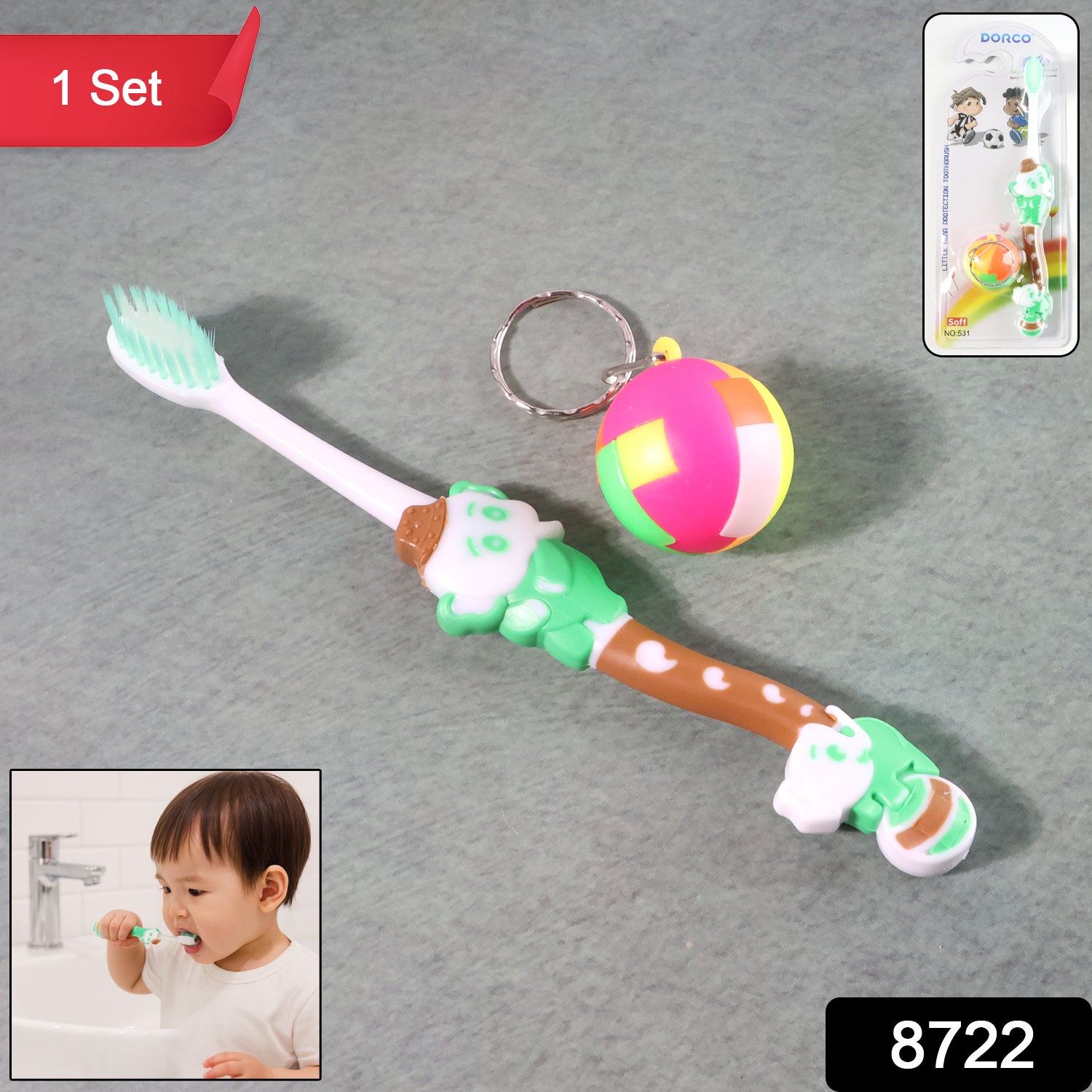Kids toothbrush and ball keychain toy set by Wukusy, featuring colorful toothbrush and playful ball keychain for children.