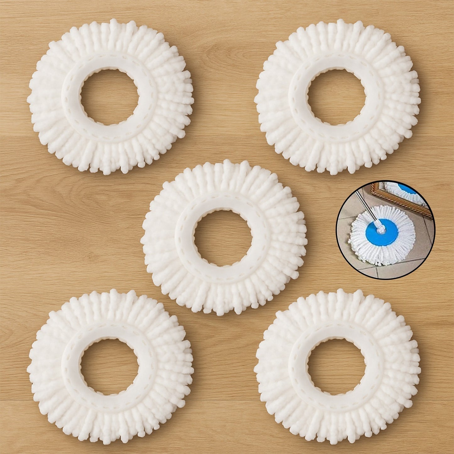 Five Wukusy microfiber spin mop refill heads with 360° rotation for easy cleaning and versatile home improvement tasks.