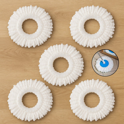Five Wukusy microfiber spin mop refill heads with 360° rotation for easy cleaning and versatile home improvement tasks.