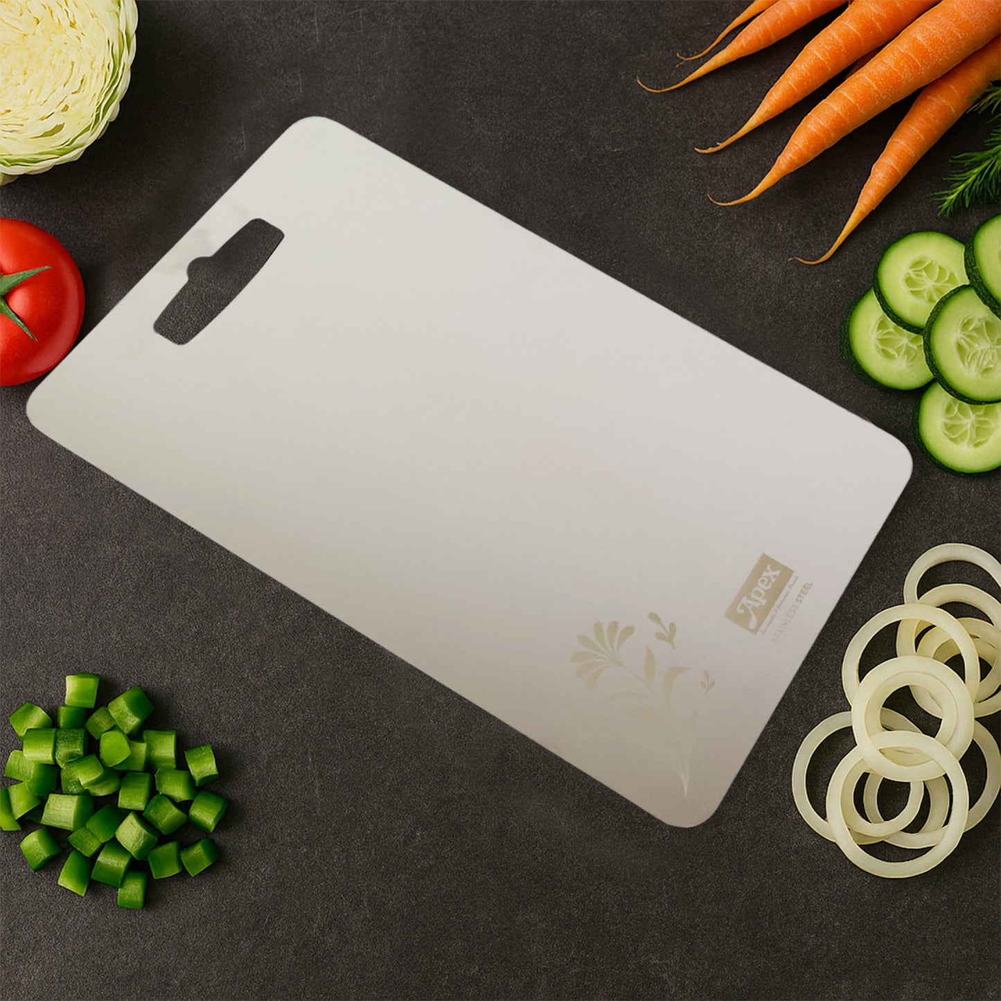 Wukusy Apex stainless steel small chopping cutting board, 210x320mm, used for food prep in home and kitchen settings