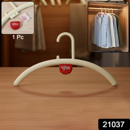 Wukusy multipurpose anti-slip plastic clothes hanger with fragrance holder, shown with garments hanging and hanger close-up.