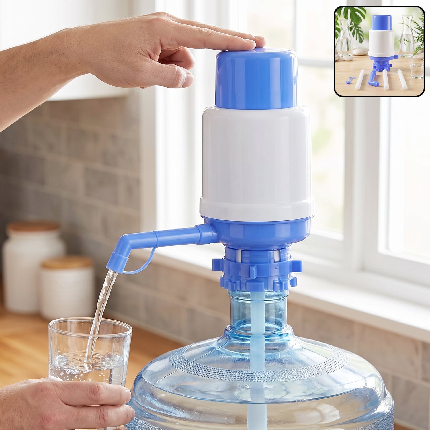 Manual water dispenser pump by Wukusy attached to a 20-liter water can for easy liquid transfer.