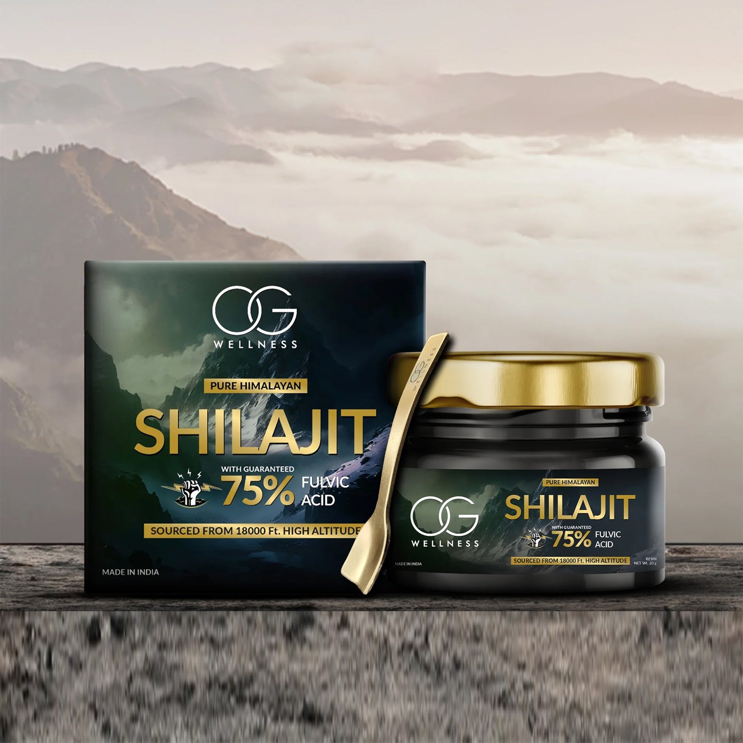 Wukusy Og Wellness Himalayan Shilajit Resin in 20g package, showing the dark, resinous substance in a health care product image.