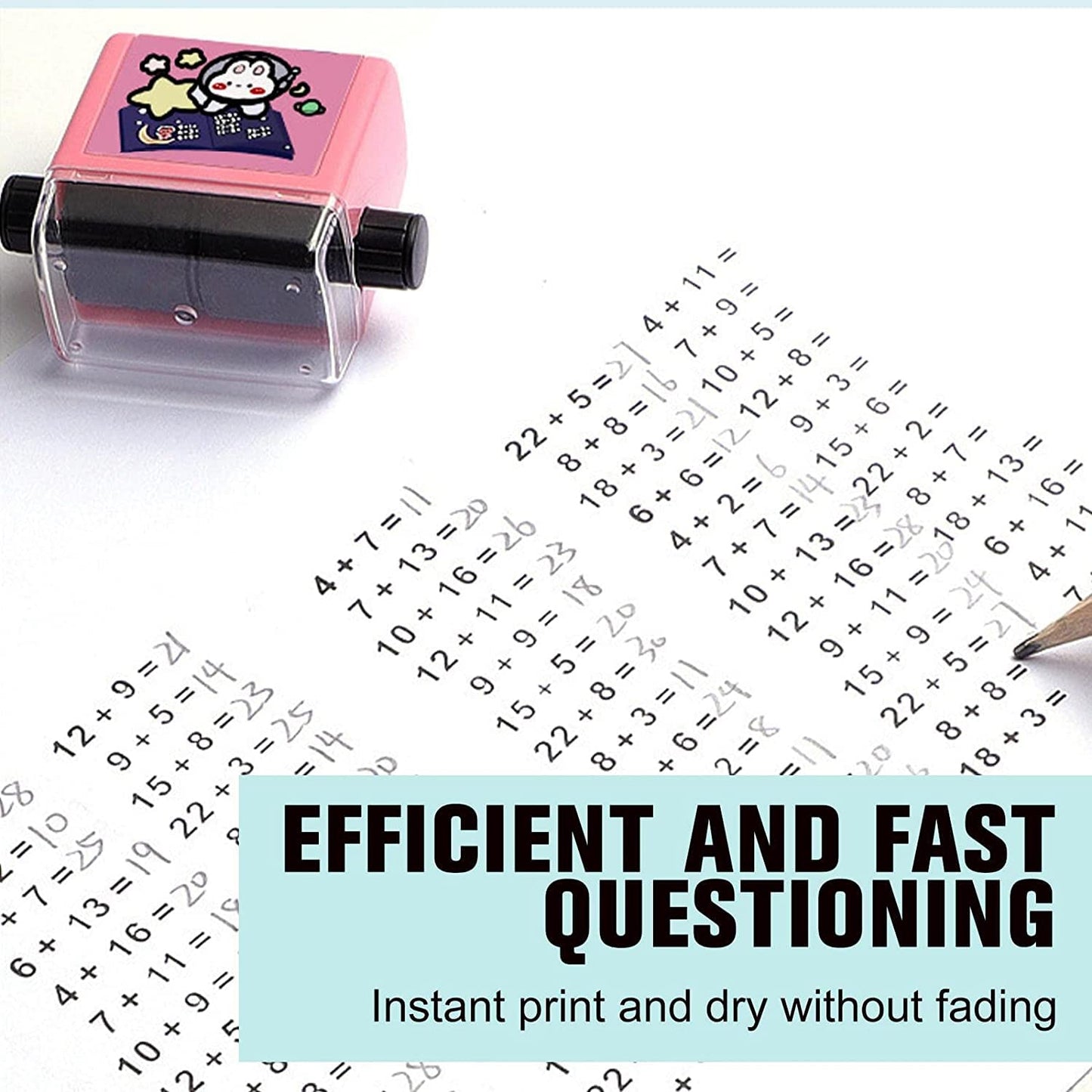 Wukusy 4045 Roller Digital Teaching Stamp showing addition and subtraction symbols on a classroom desk