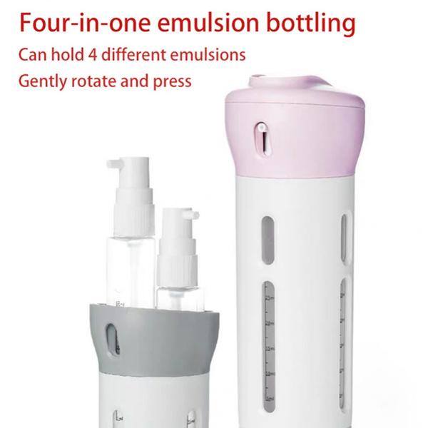 Wukusy 4-in-1 travel dispenser bottle set with refillable cosmetic containers for toiletries and liquids in a compact design.