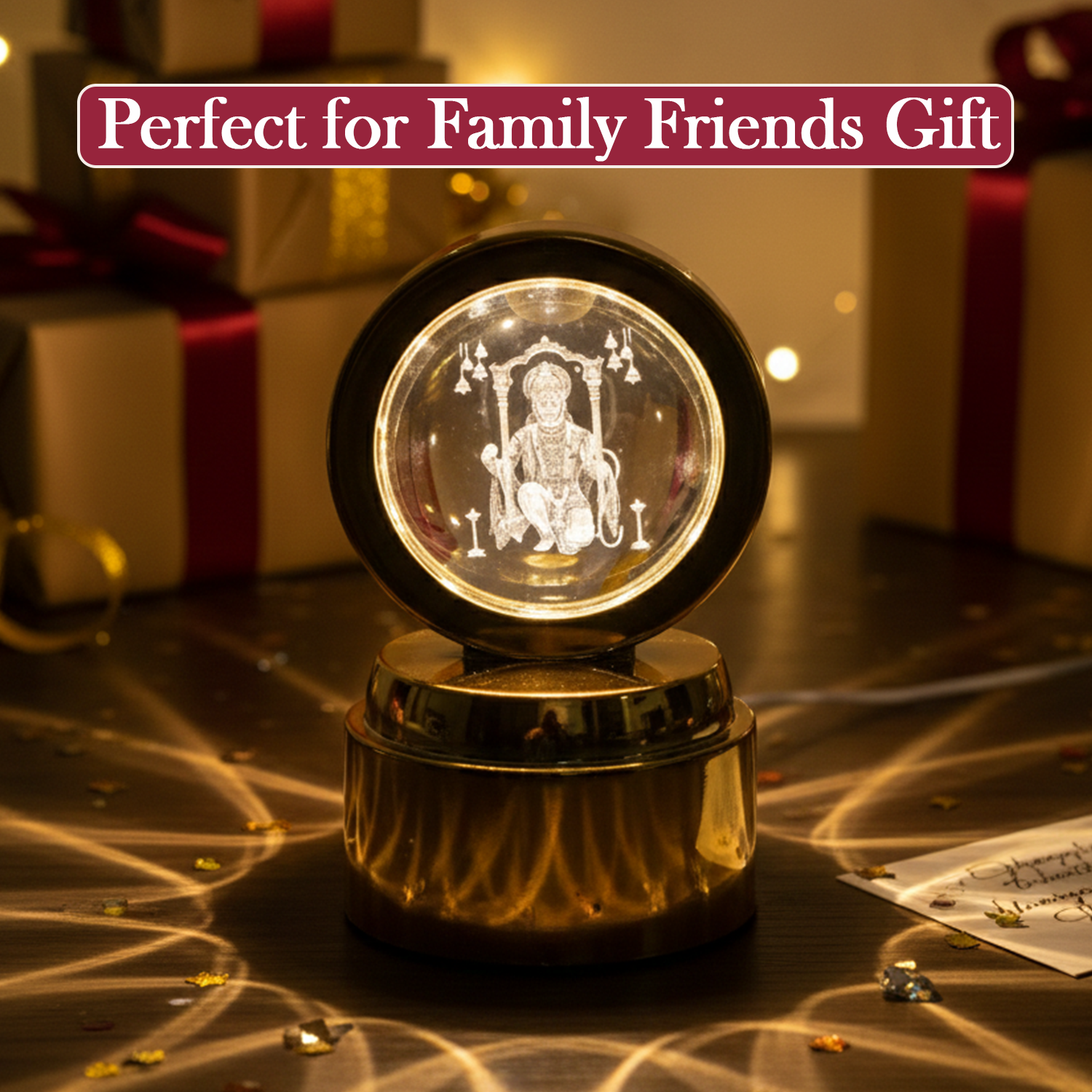Wukusy Bajrang Bali 3D crystal ball night light with LED illumination, suitable for office decor, featuring detailed religious design.