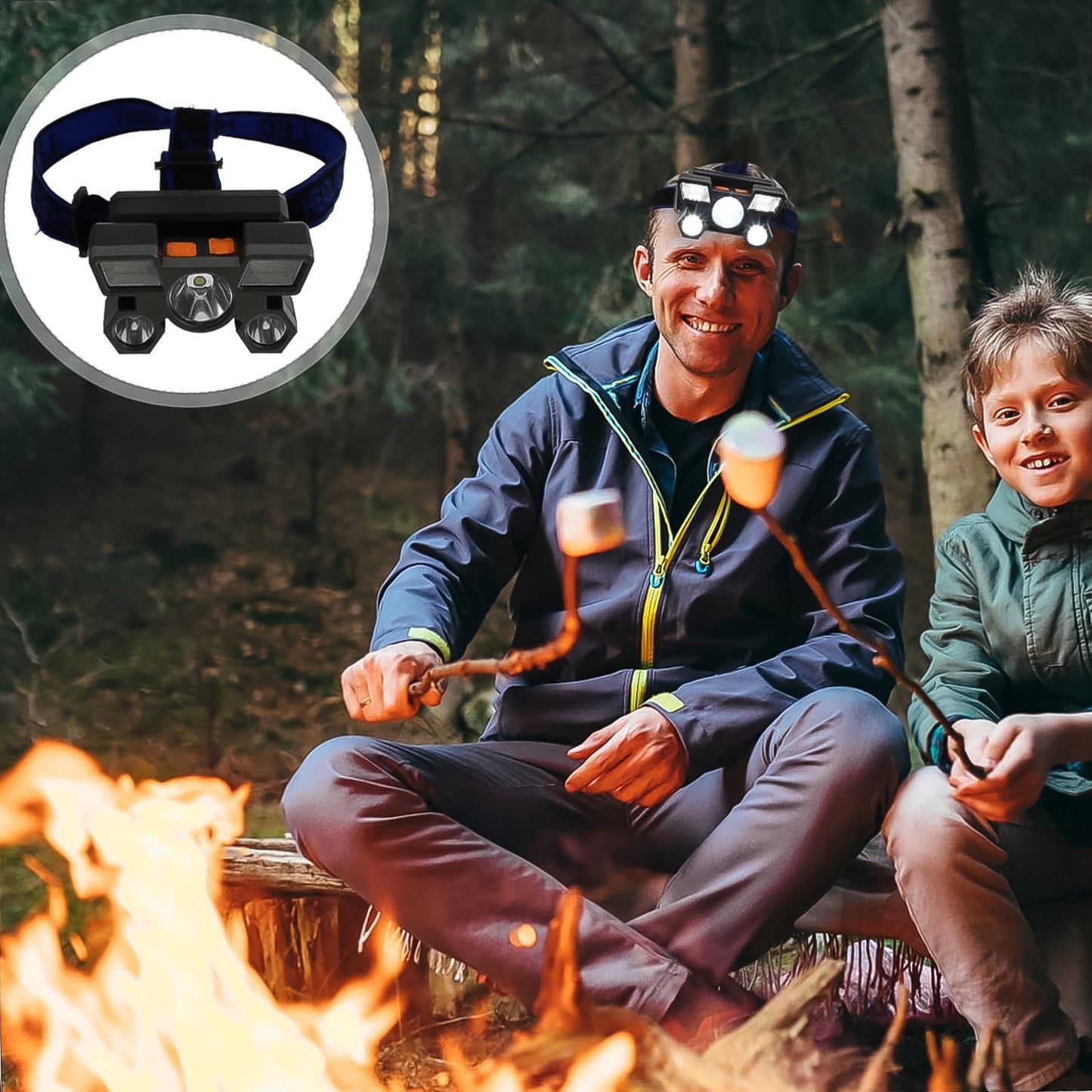 Wukusy 5 LED USB rechargeable headlamp with adjustable strap and bright front lights, ideal for outdoor activities and hands-free illumination.