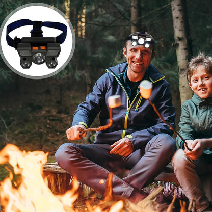 Wukusy 5 LED USB rechargeable headlamp with adjustable strap and bright front lights, ideal for outdoor activities and hands-free illumination.