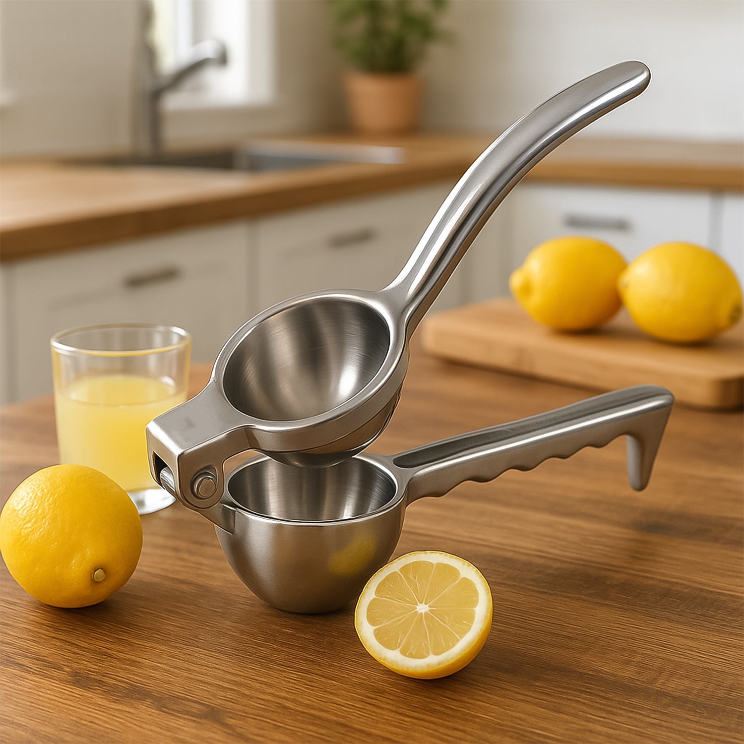 Wukusy Supermom aluminum lemon squeezer, 1-piece, with ergonomic handle and stainless steel juicing bowl for fresh citrus juice.