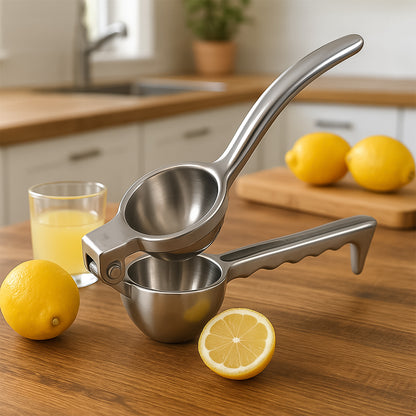 Wukusy Supermom aluminum lemon squeezer, 1-piece, with ergonomic handle and stainless steel juicing bowl for fresh citrus juice.