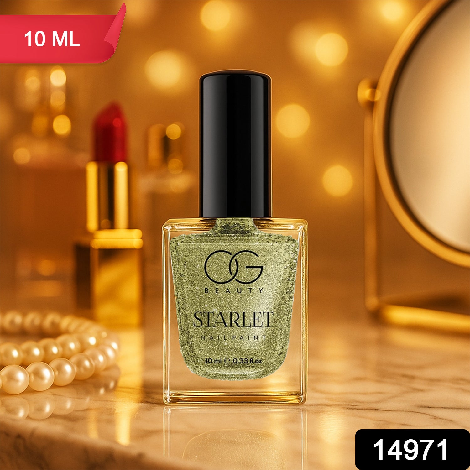 Wukusy Og Beauty Sunshine Gold Starlet glitter nail paint bottle with gold and glitter accents on the label.