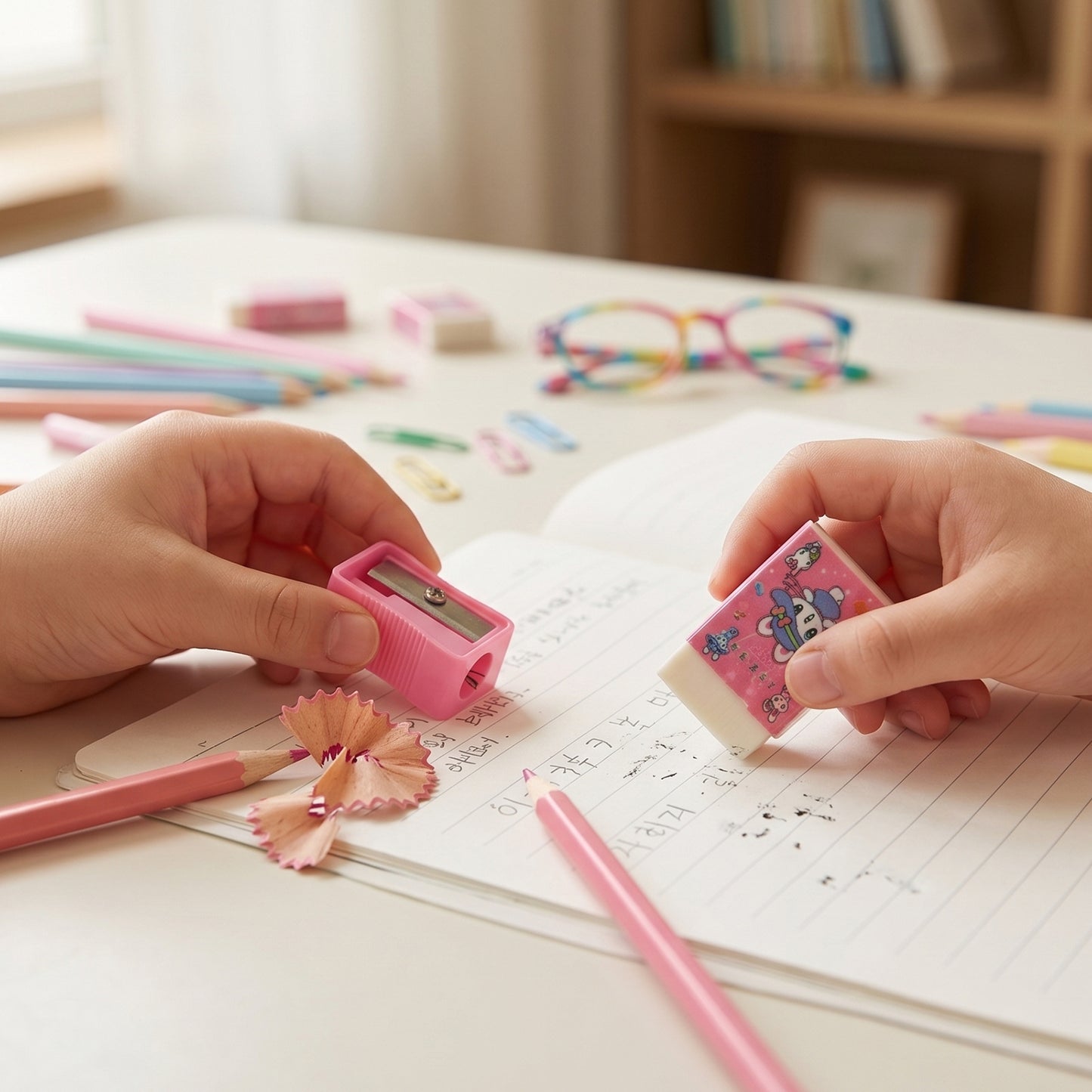 Kids school stationery kit by Wukusy, includes flexible pencils, colorful pens, erasers, and cartoon-themed stationery set.