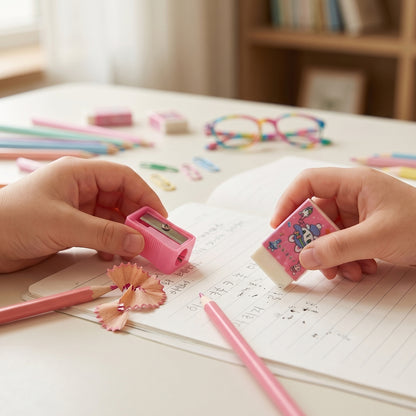 Kids school stationery kit by Wukusy, includes flexible pencils, colorful pens, erasers, and cartoon-themed stationery set.
