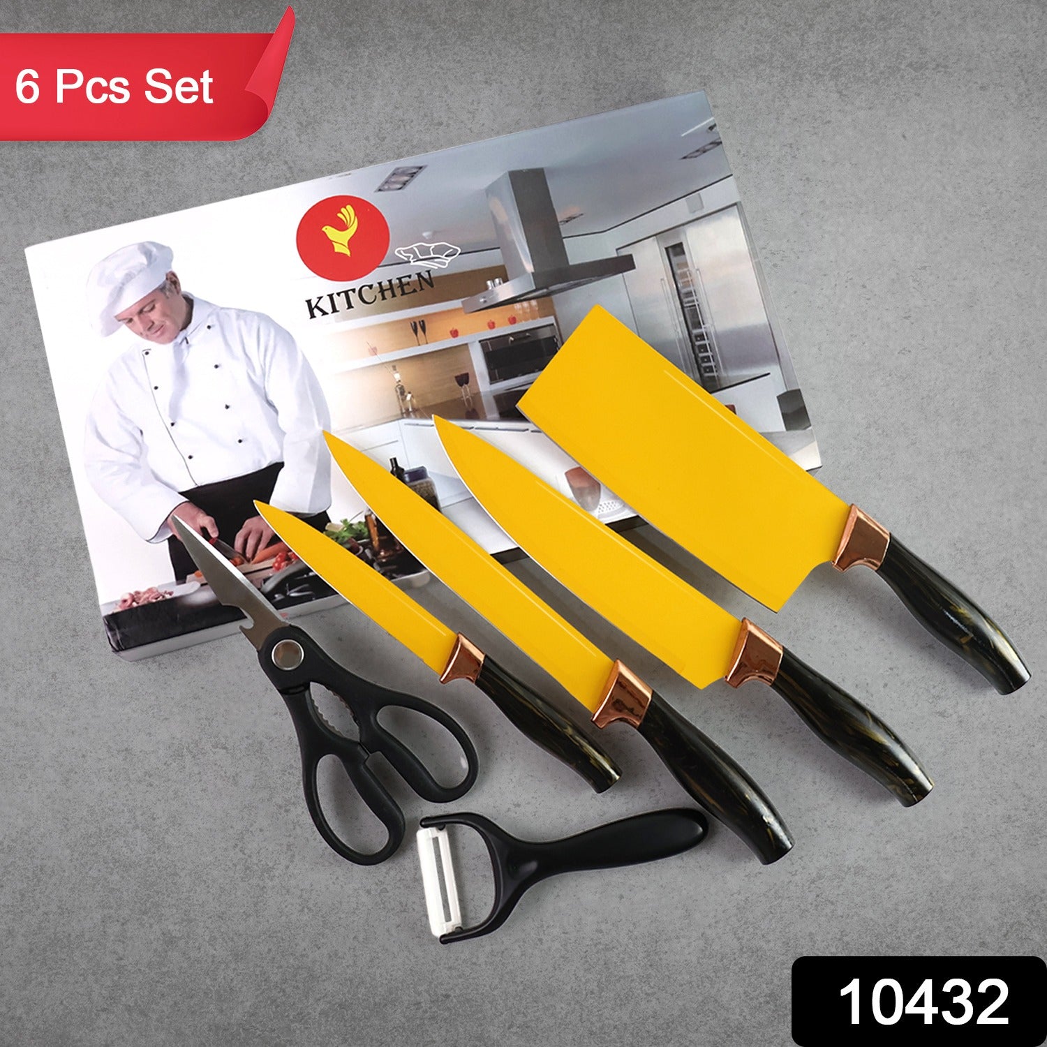 Wukusy 6-piece professional kitchen knife set with chef knives, cleaver, peeler, and scissors on a wooden cutting board.