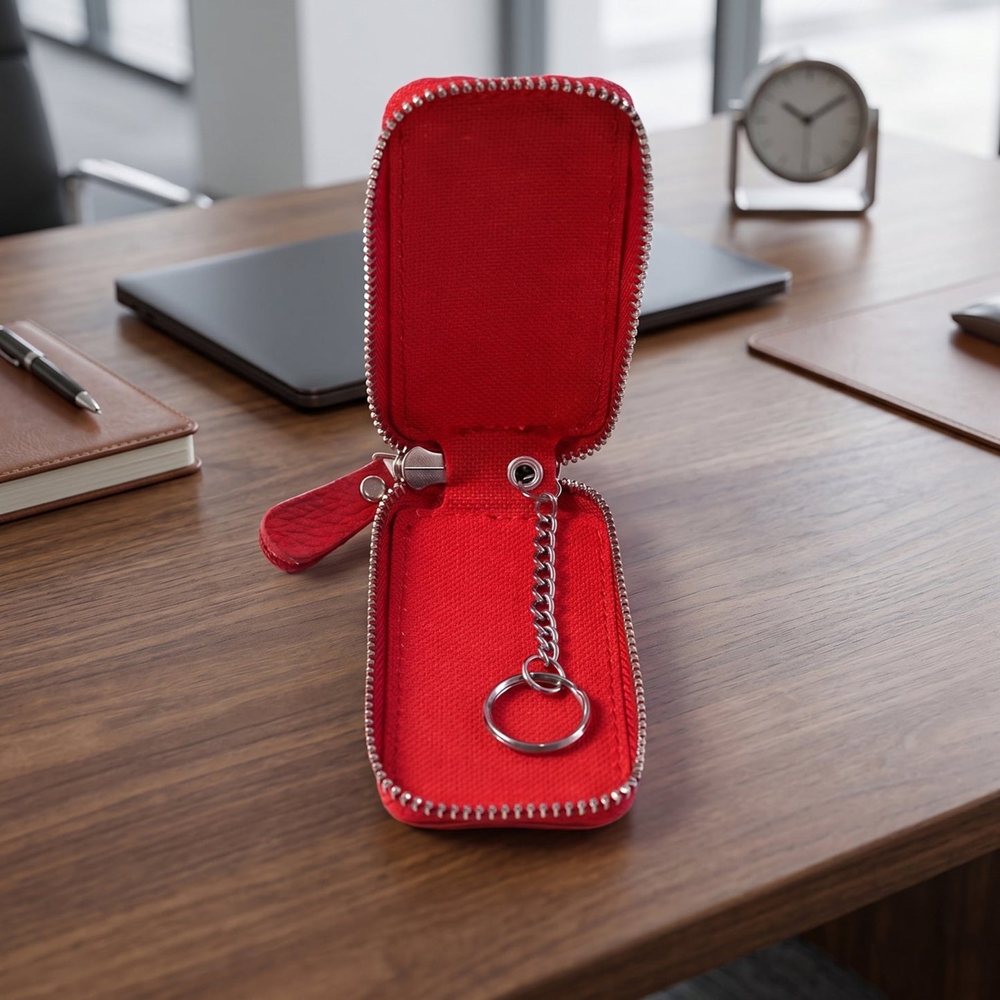 Wukusy leather car key case with zip closure and snap hook, compact smart key holder pouch for secure key storage
