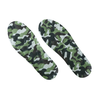 Pair of Wukusy camouflage comfort shoe insoles with soft cushioning for size 35-38, shown in close-up view.