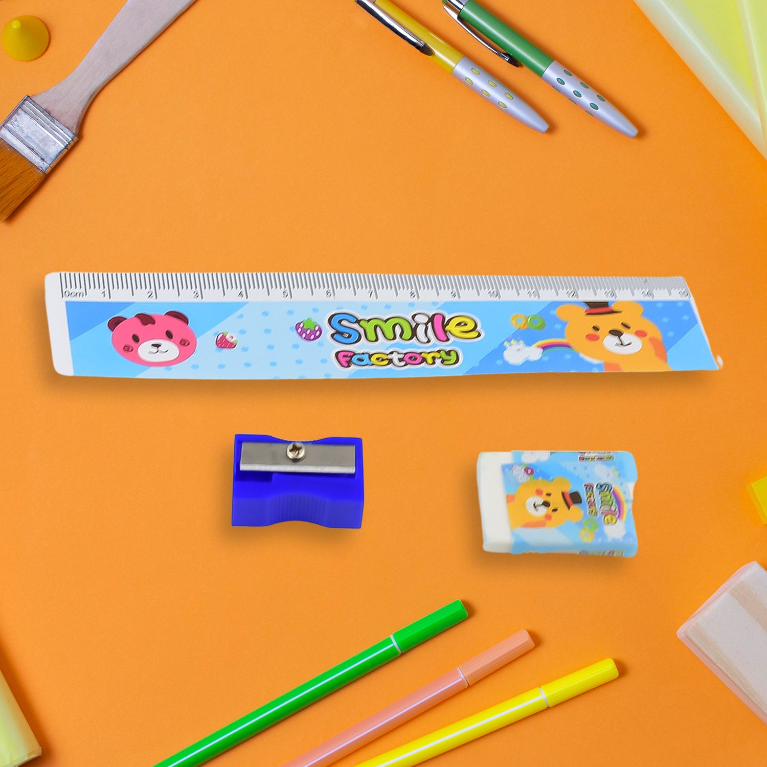 Wukusy cartoon wooden pencil set for kids featuring pencils, erasers, and sharpeners with space-themed design for birthday gifts.