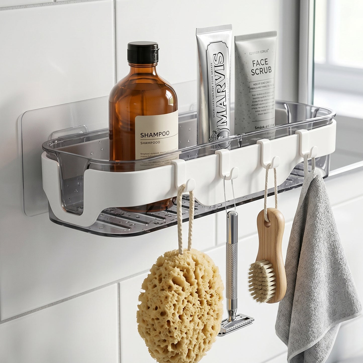 Wukusy stylish bathroom wall shelf with hooks for multi-purpose storage and organization, mounted on a bathroom wall.