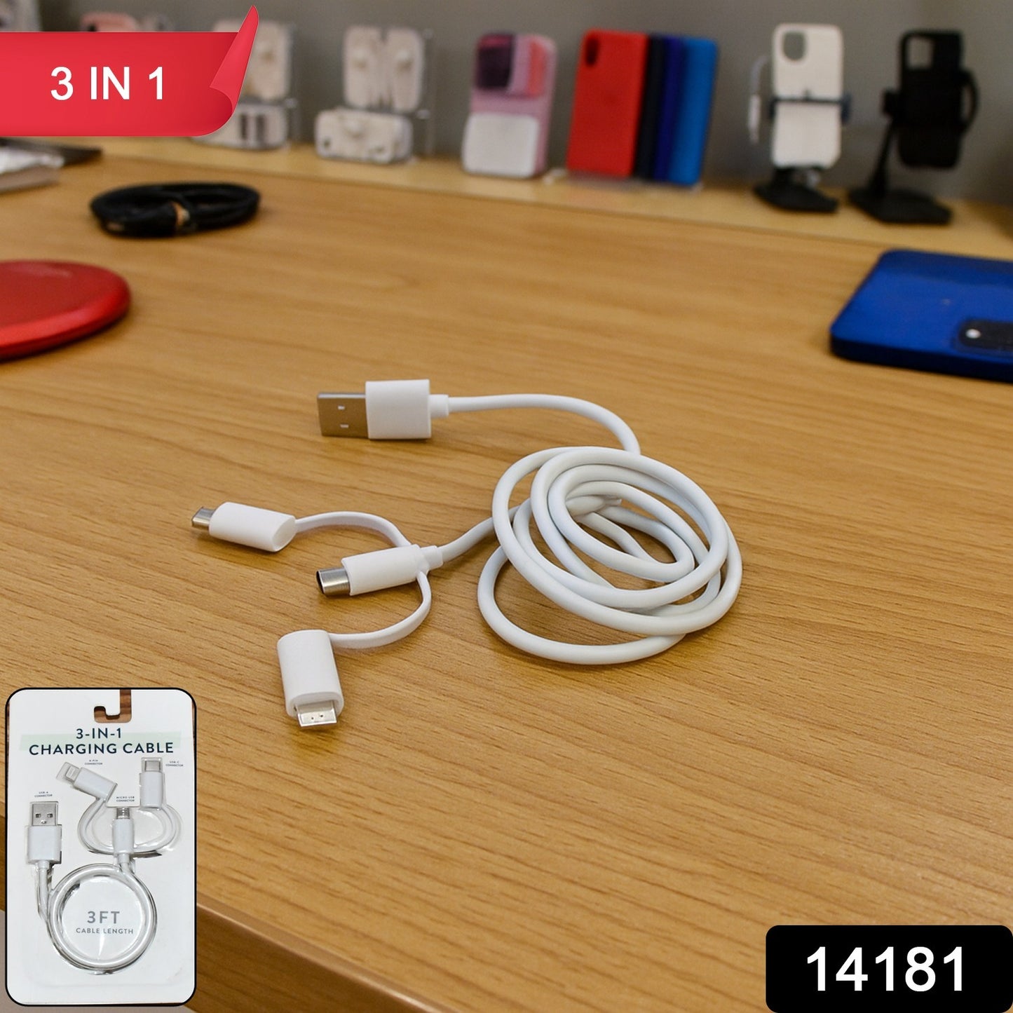 Wukusy 3-in-1 multi charging cable with USB, USB-C, and Lightning connectors for mobile device charging and data transfer.
