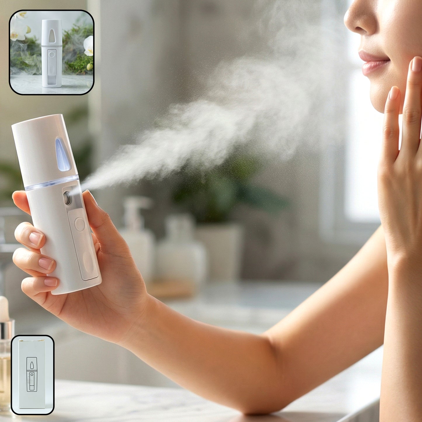 Wukusy portable humidifier nano mist sprayer showing compact device emitting a fine mist in a modern setting