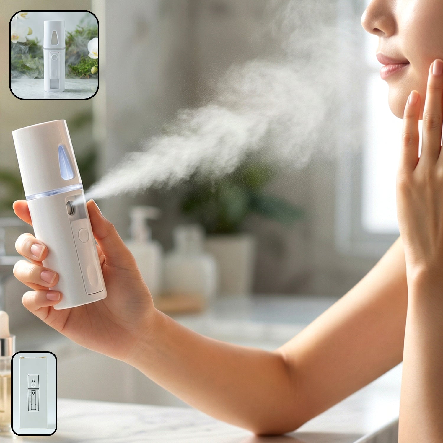 Wukusy portable humidifier nano mist sprayer showing compact device emitting a fine mist in a modern setting