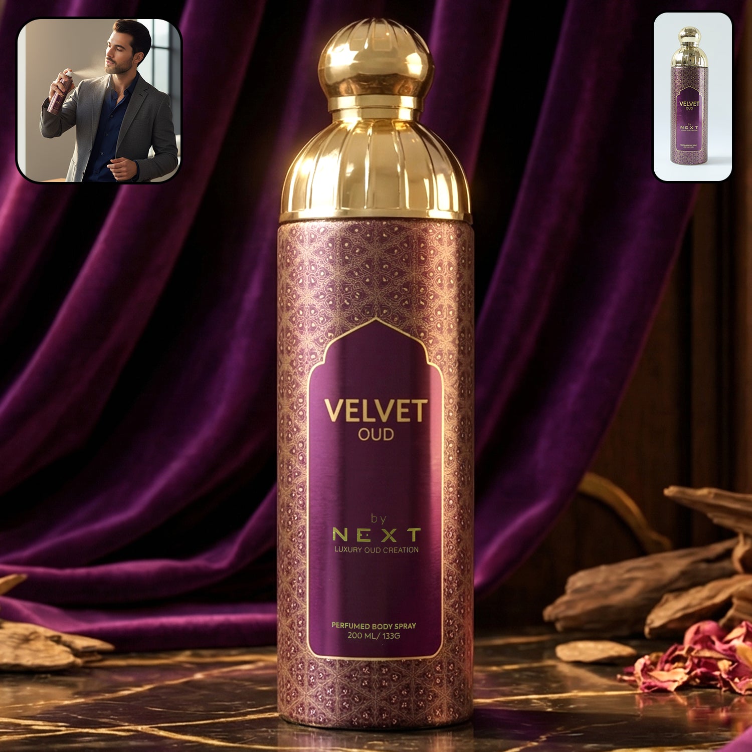 Wukusy Next Velvet Oud Premium Perfumed Body Spray 200ml bottle with elegant packaging and velvet-textured design.
